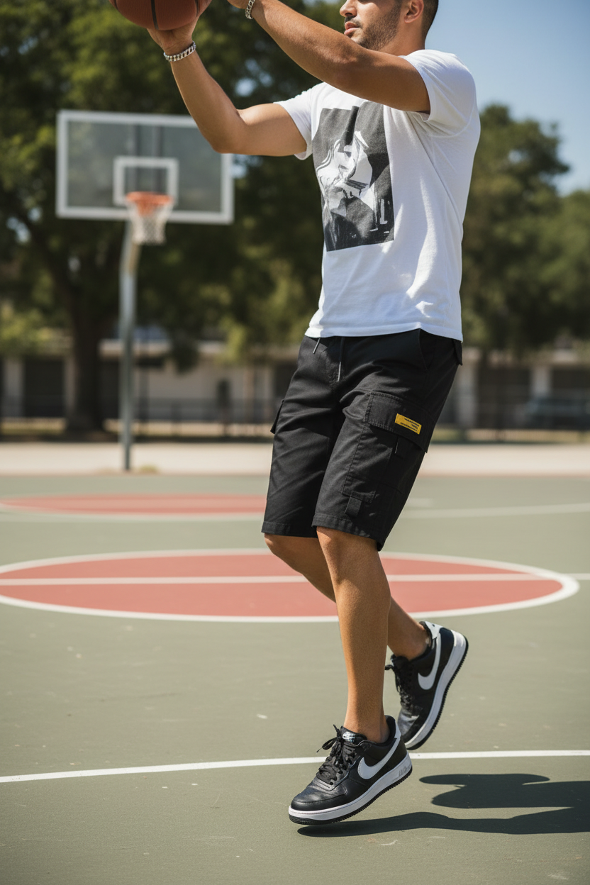 Black Cargo Shorts Yellow Label